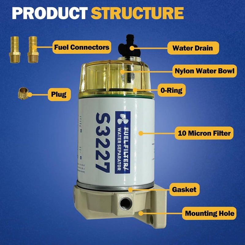 chiying S3227 Fuel Filter Water Separator Replacement for Marine Outboard Motor Mercury with 3/8" Barb x 1/4" NPT Fittings Replaces 320R, 490R-RAC-01,18-7948,9-37882,18-7922,18-7922-1. - Image 3